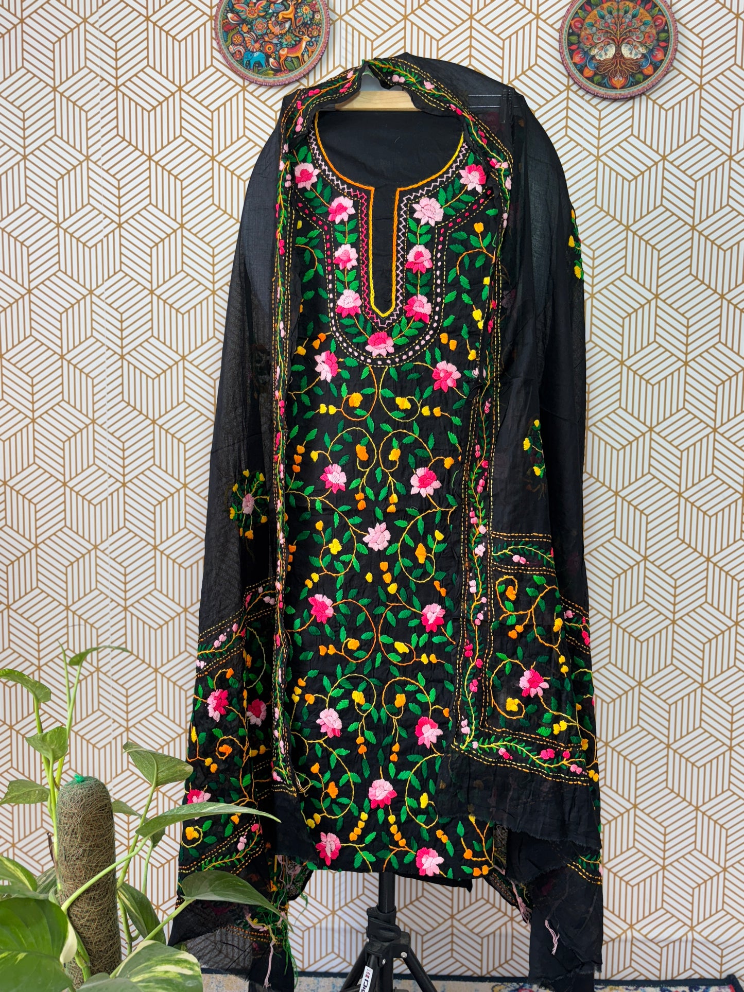 Phoolkari hand embroidered Suit Set- Black Base with Multi Color Flower