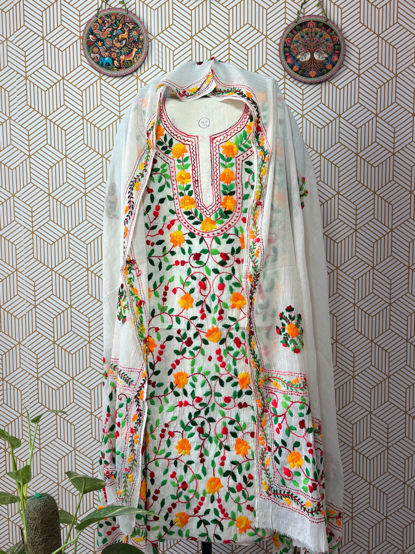 Phoolkari hand embroidered Suit Set- White Base with Multi Color Flower