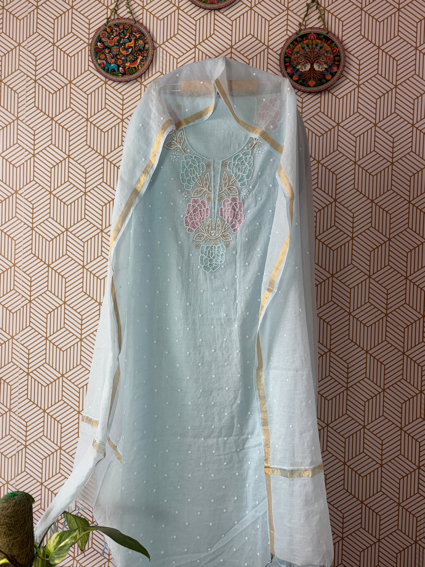 Lucknowi Chikankari Thread Work in Mul Chanderi add on Pearl Work and Cut Dana