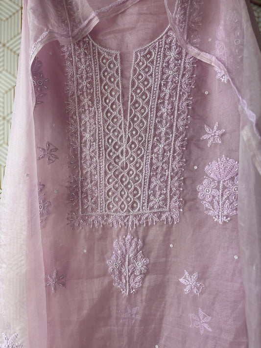 Lucknowi Chikankari Thread Work in Pure Organza add on Pearl Work