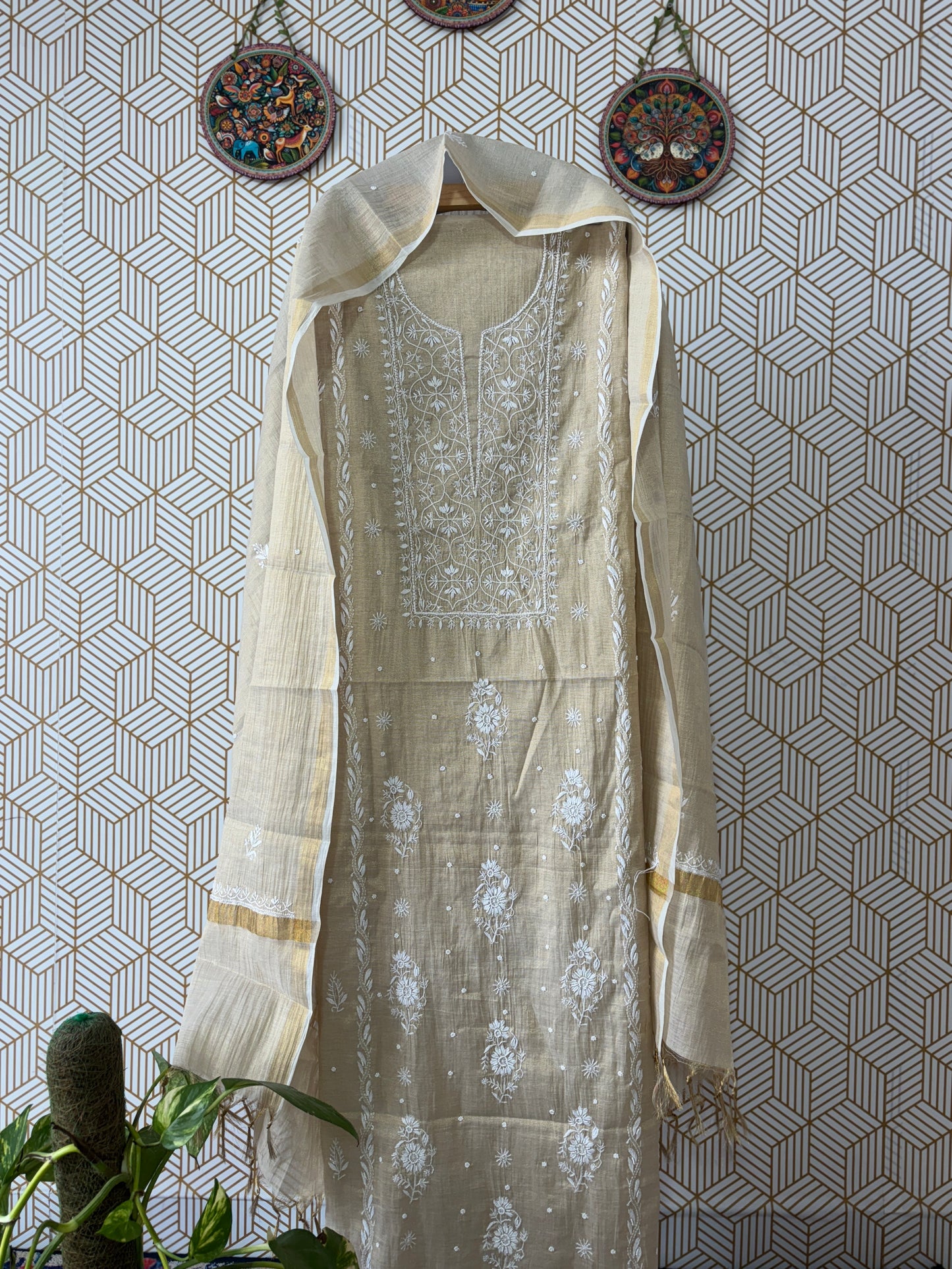 Tissue Silk Lucknowi Chikankari Suit Sets with add on of pearl work and cut dana