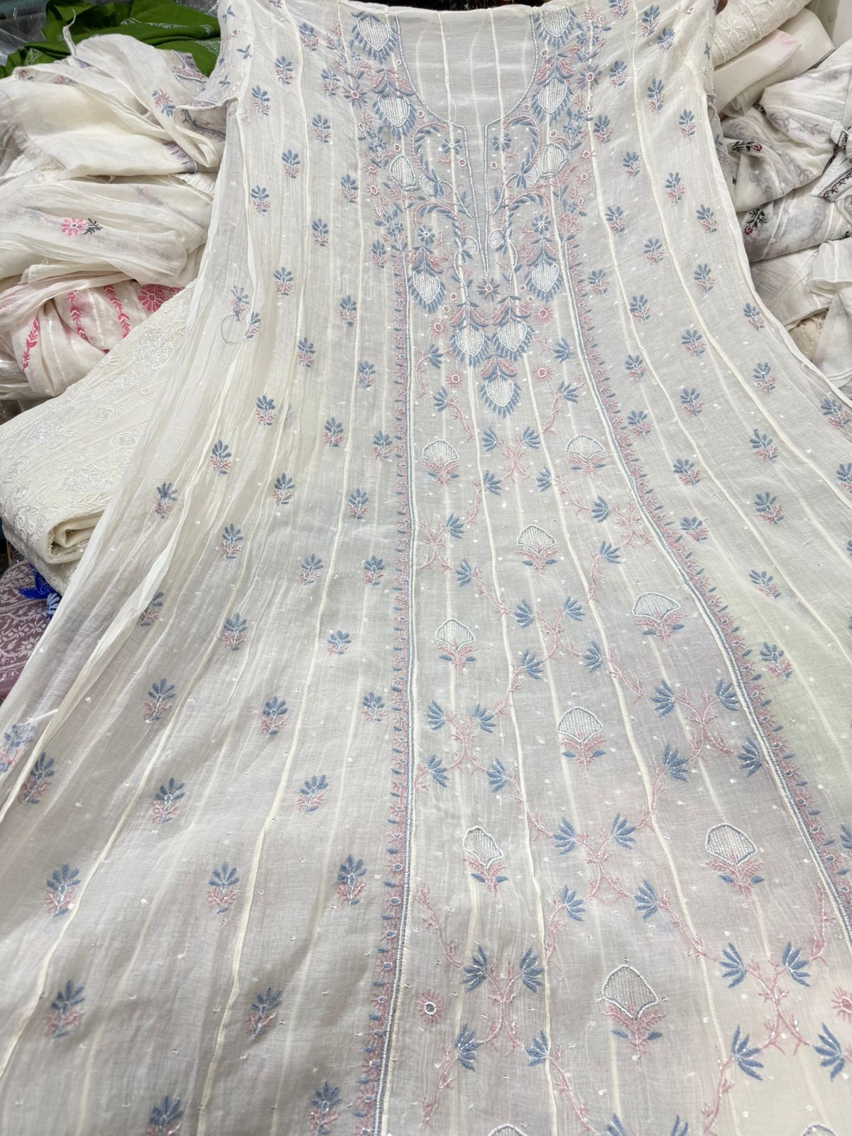 Pure Mul Chanderi Lucknowi Chikankari Anarkali Suit Set with Dupatta | Hand Embroidery with Pearl, Cutdana & Sequin Work