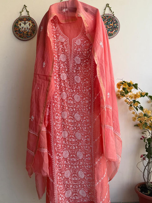 Buy Lucknowi Chikankari Suit Set with Thread Work and full panel work in Mul Chanderi add on Beads i.e. Pearl Work and Cut Dana