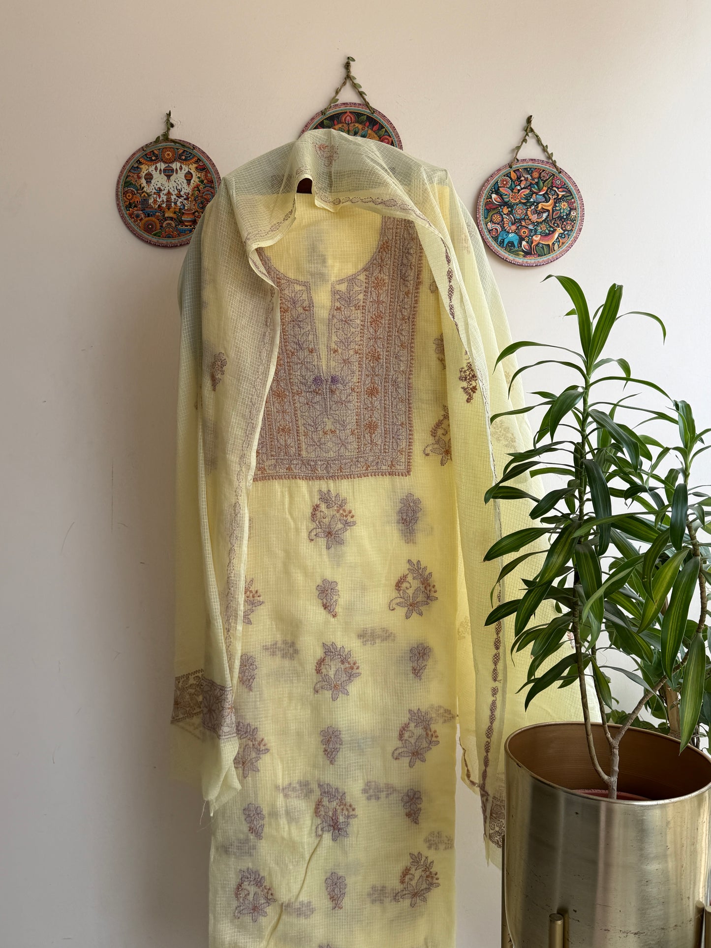 Lucknowi Chikankari Kota Doria Suit Set With Color full thread