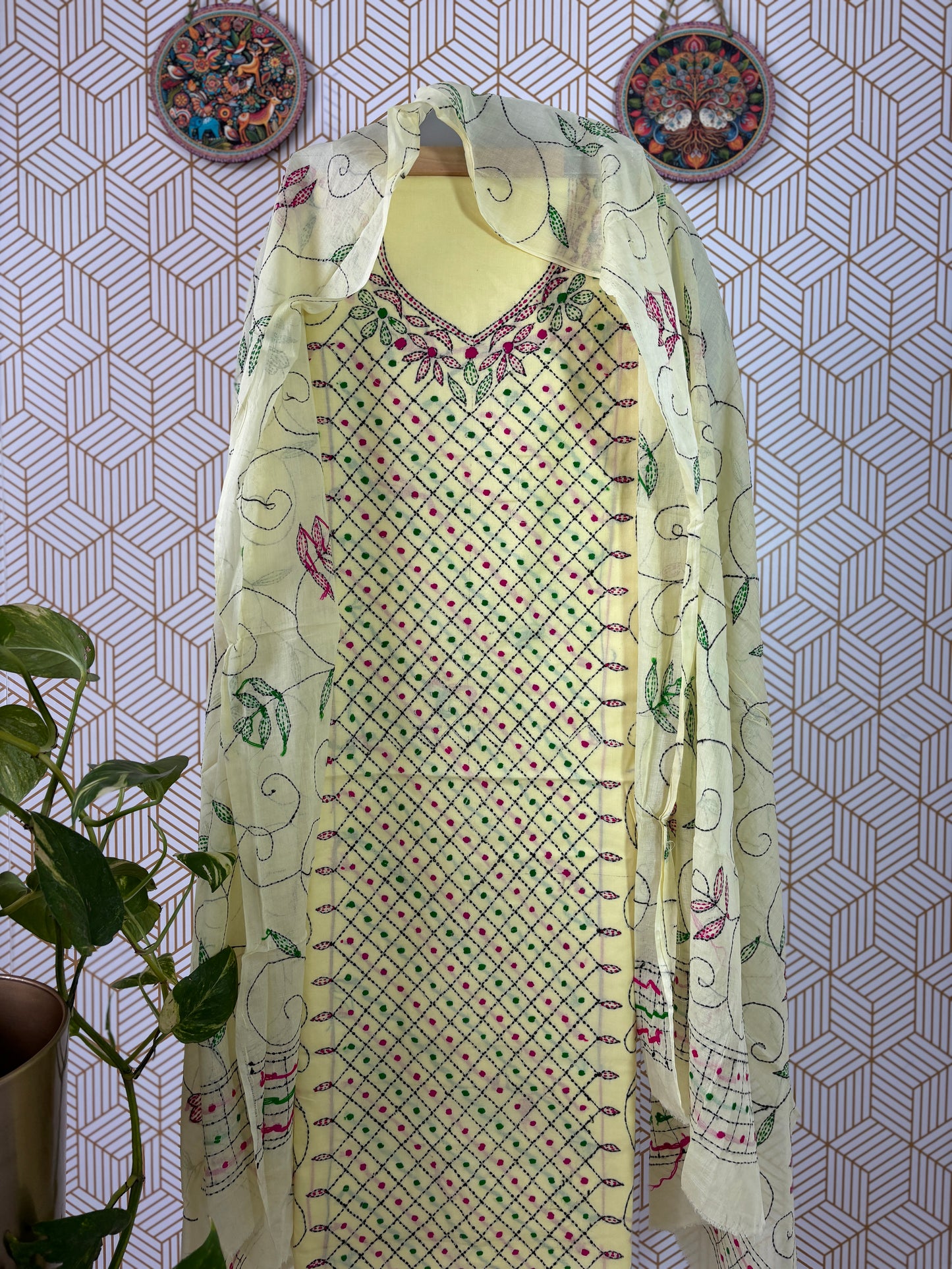 Bengal Handloom- Kanth Stich Geometrical Shape Pure Cotton Embroided Suit Set