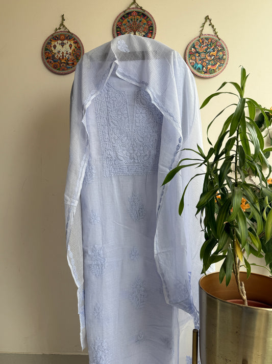 Lucknowi Chikankari Kota Doria Suit Set- Shadow Work