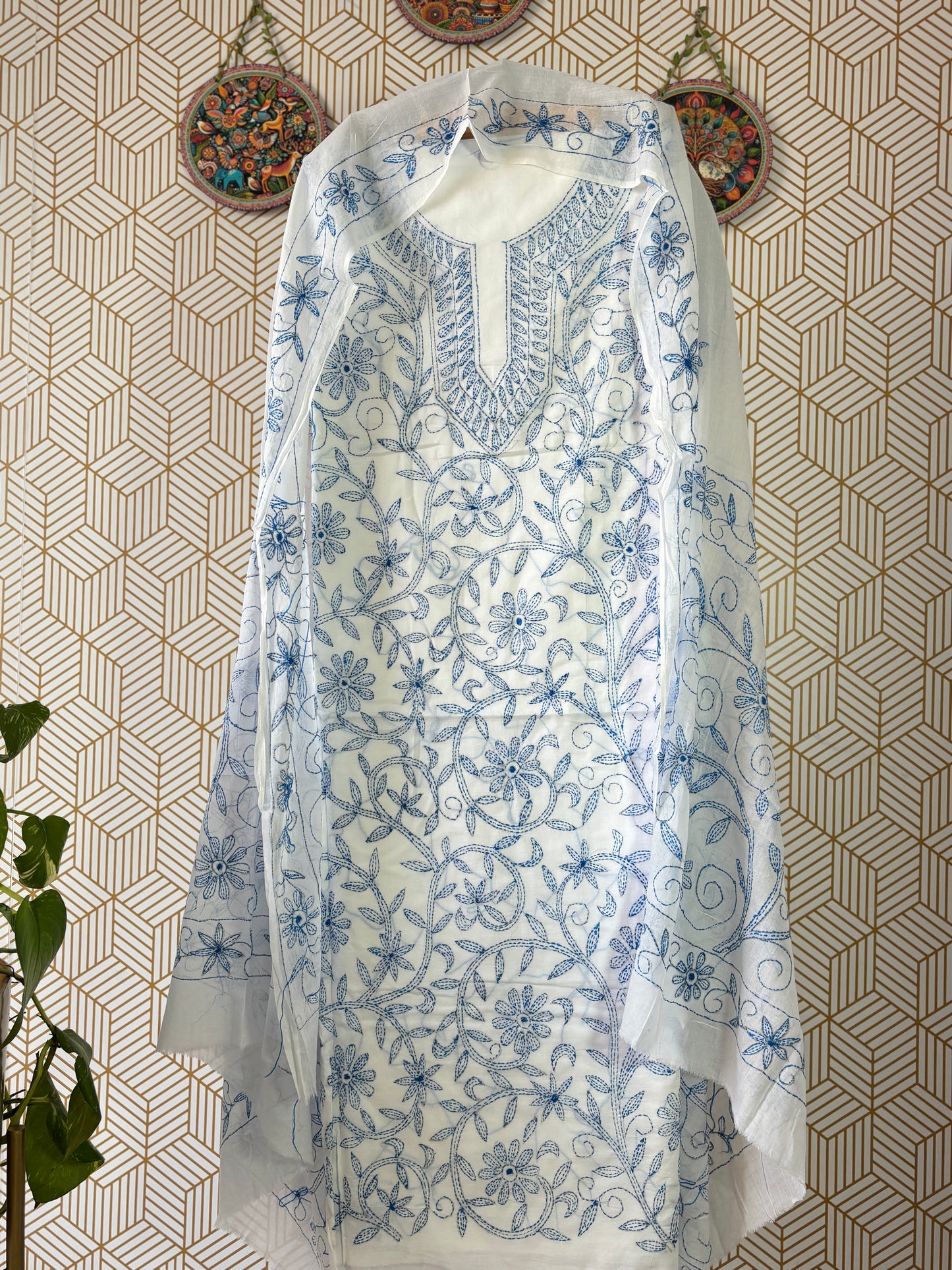 Kantha hand embroidered Suit Set Pure Cotton- White Base