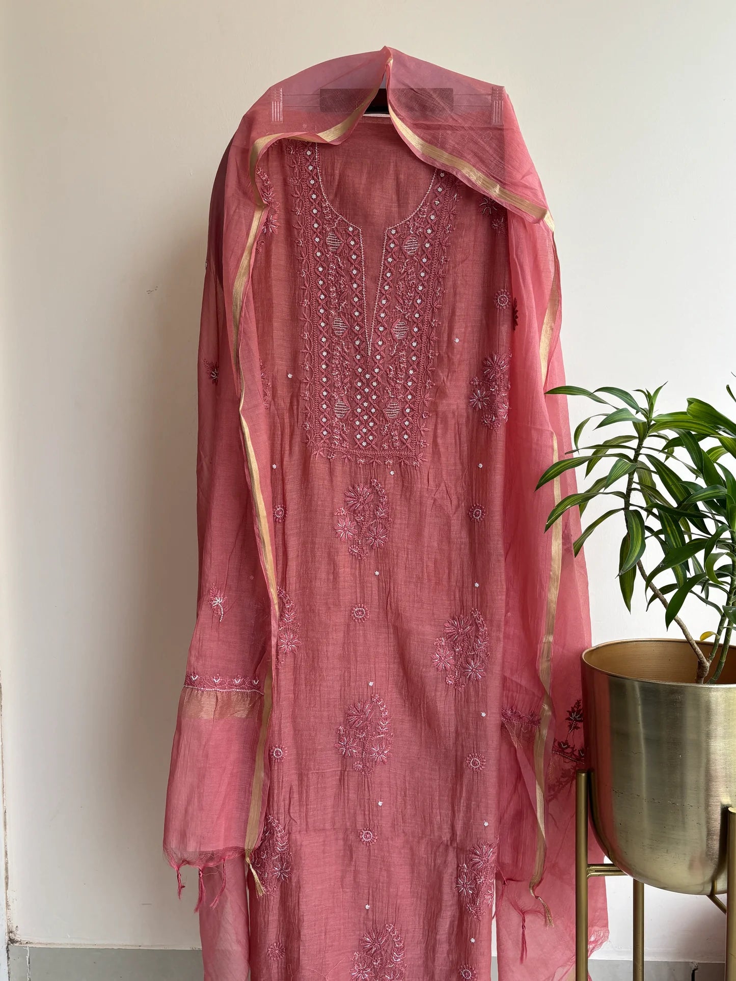 Lucknowi Chikankari Thread Work and Boota Work in Mul Chanderi add on Pearl Work and Cut Dana