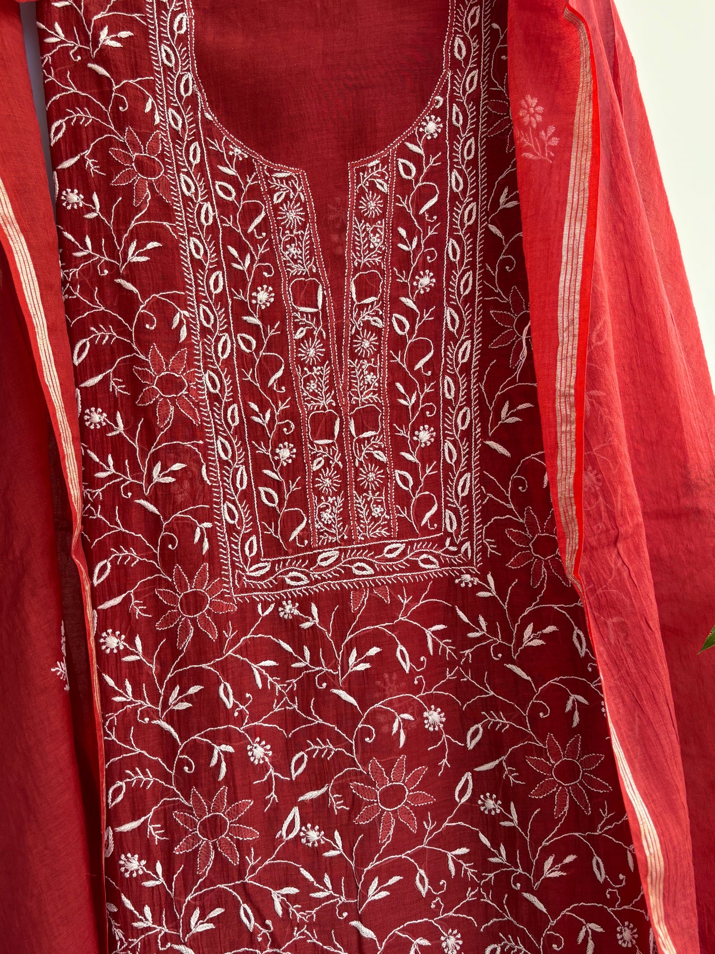 Pure Mul Chanderi Lucknowi Chikankari Set – Handcrafted Elegance