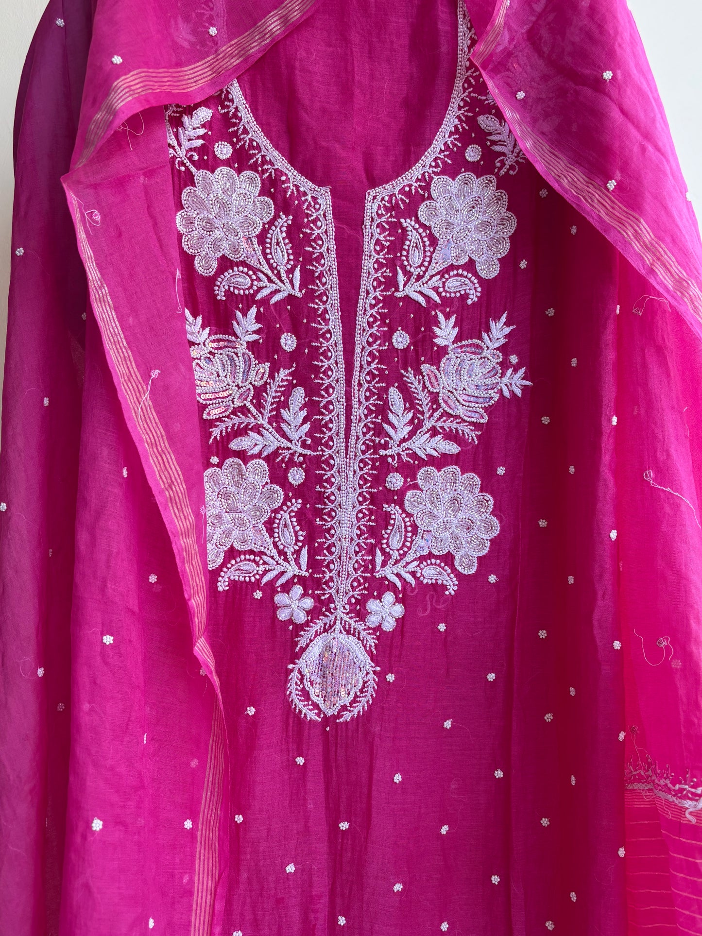 Lucknowi Chikankari Thread Work in Mul Chanderi add on Pearl Work and Cut Dana