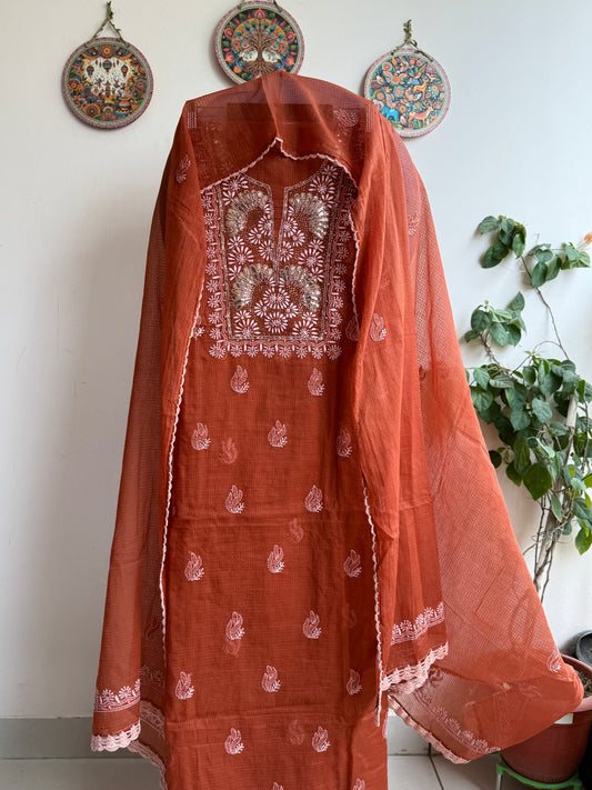 Lucknowi Chikankari Kota Doria Suit Set with Mukaish Work