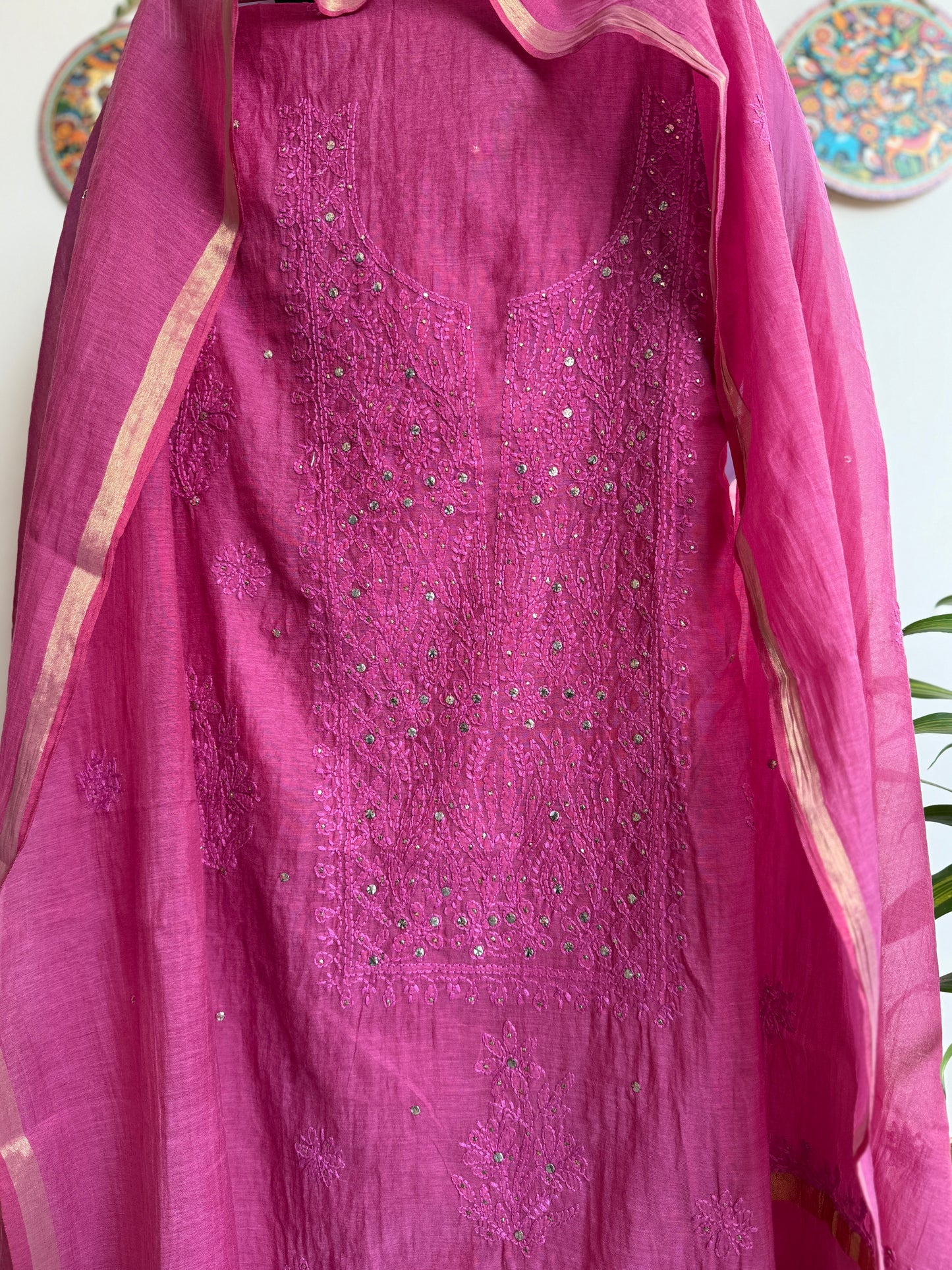 Lucknowi Chikankari Thread Work in Mul Chanderi with add on Mukaish Work Dana