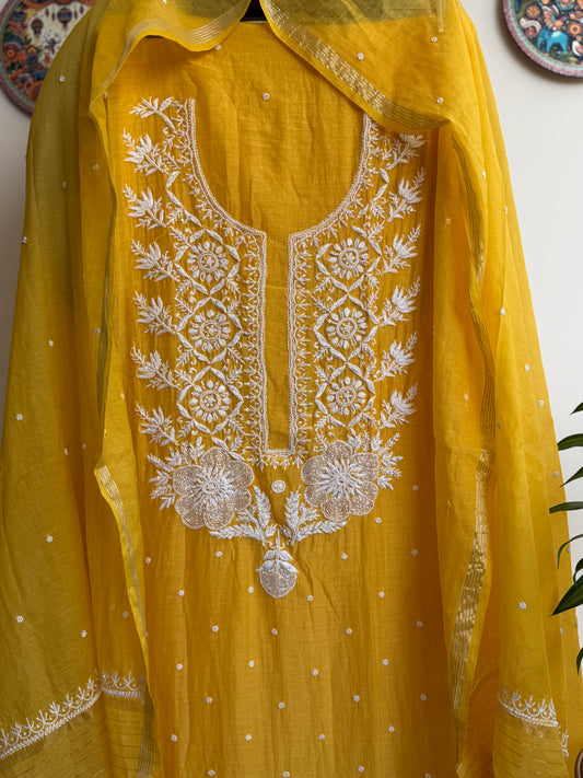 Lucknowi Chikankari Thread Work in Mul Chanderi add on Pearl Work and Cut Dana