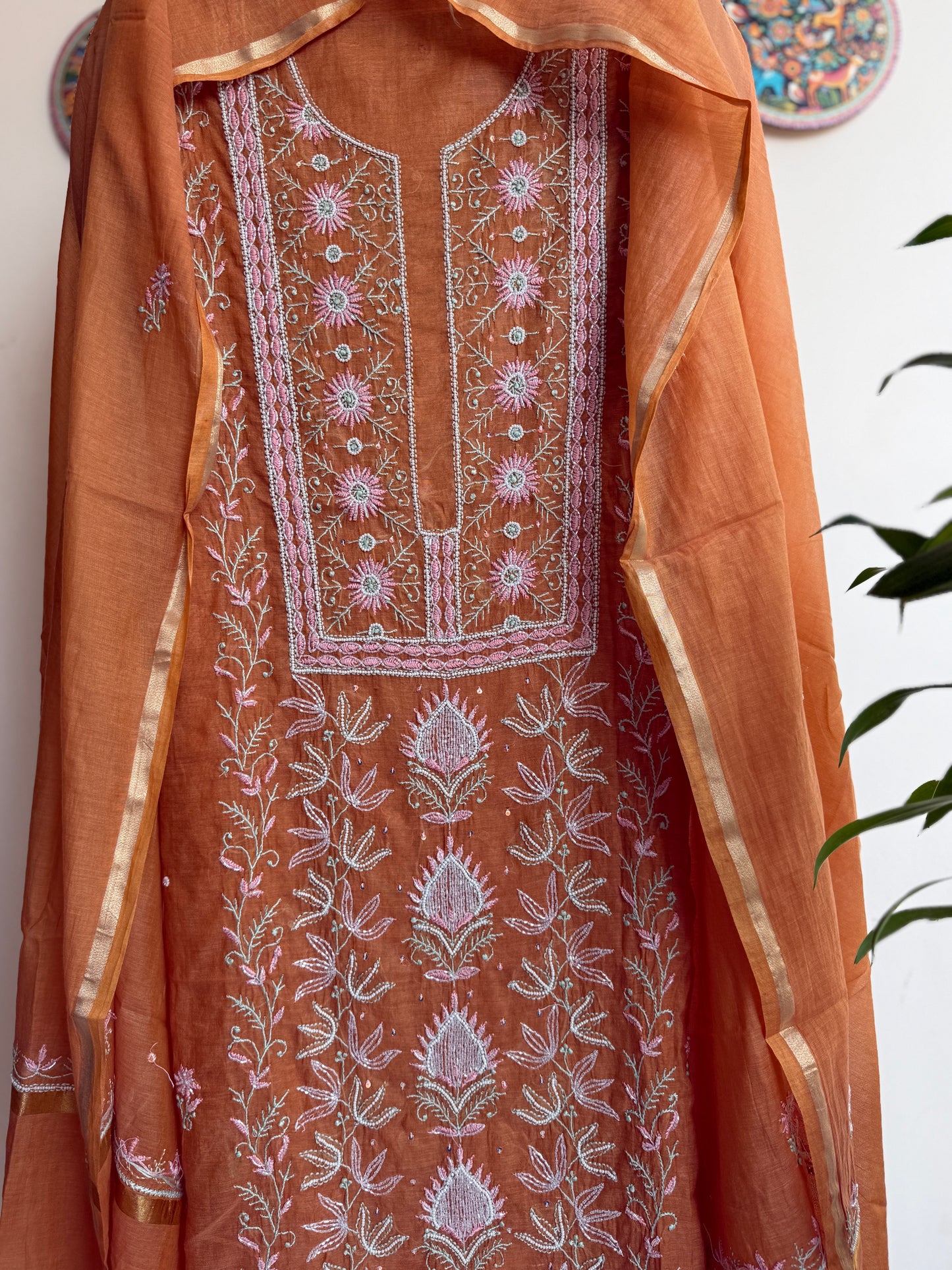 Lucknowi Chikankari Thread Work and full panel work in Mul Chanderi add on Pearl Work and Cut Dana (Colorfull Embroidery)