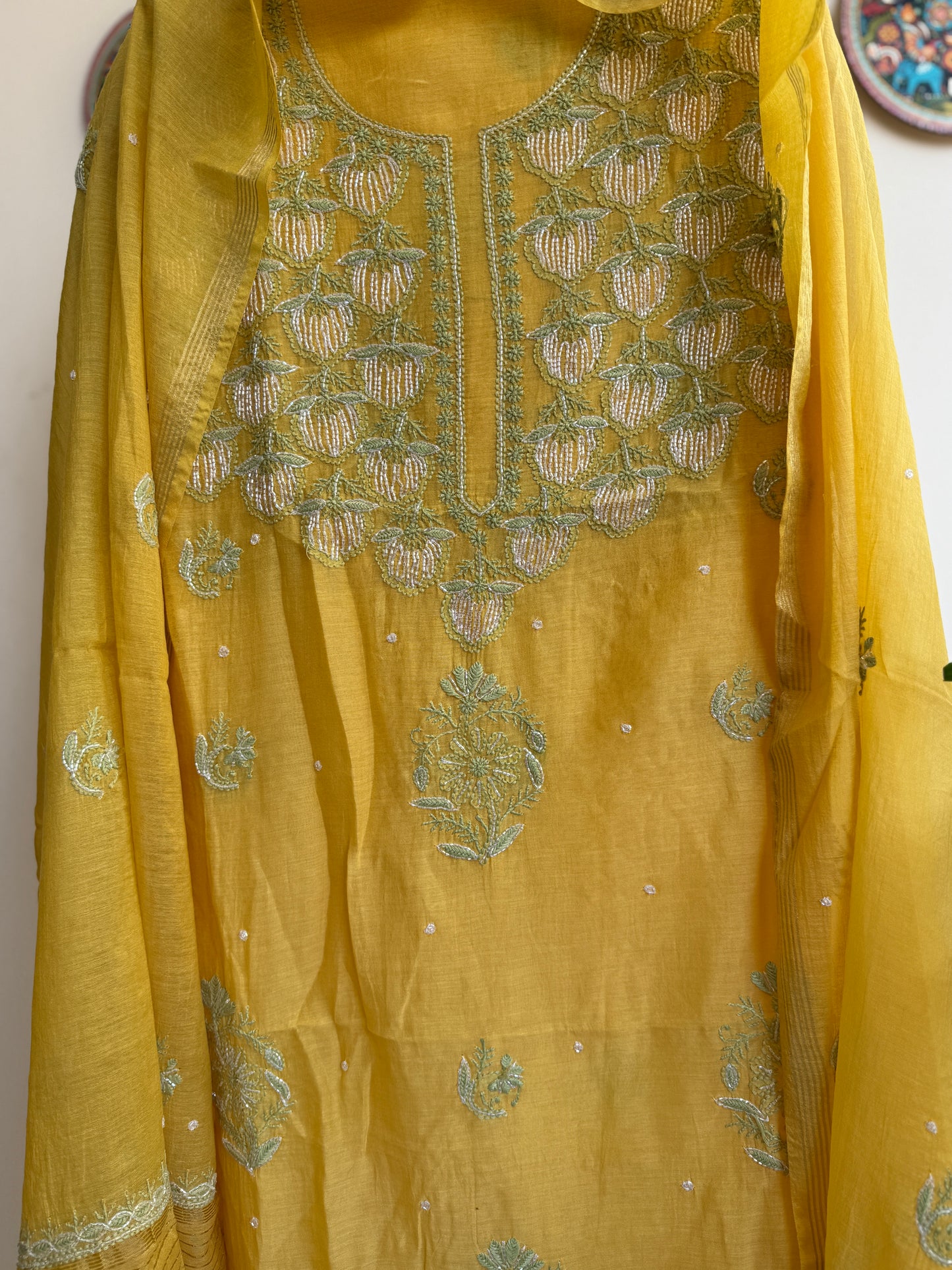 Lucknowi Chikankari Thread Work and Boota work in Mul Chanderi add on Pearl Work, Sequin and Cut Dana (Colorfull Embroidery)