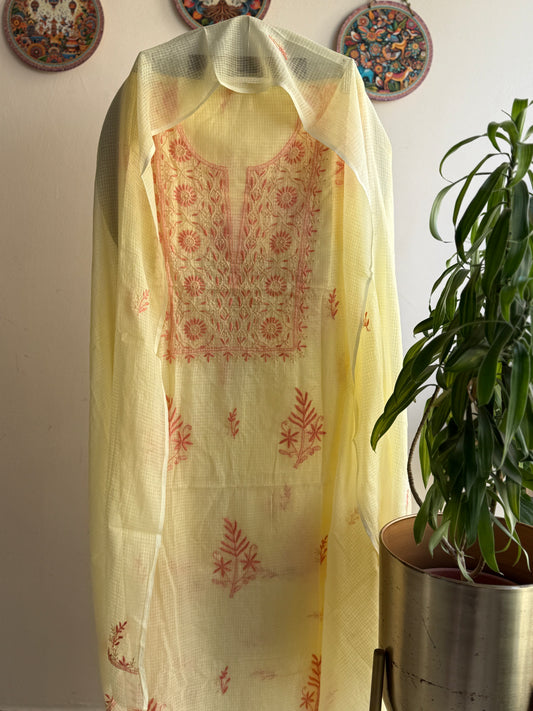Lucknowi Chikankari Kota Doria Suit Set With Color full thread