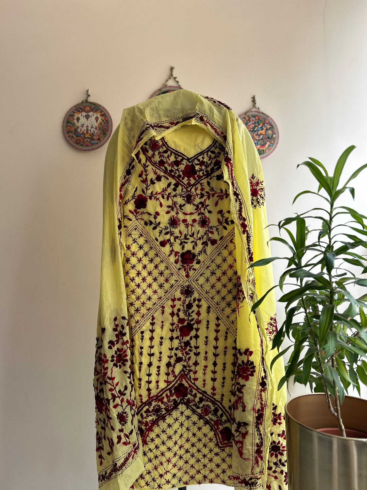 🌼 Bengal Handloom – Phulkari Pure Cotton Embroidered Suit Set-Coloured Base