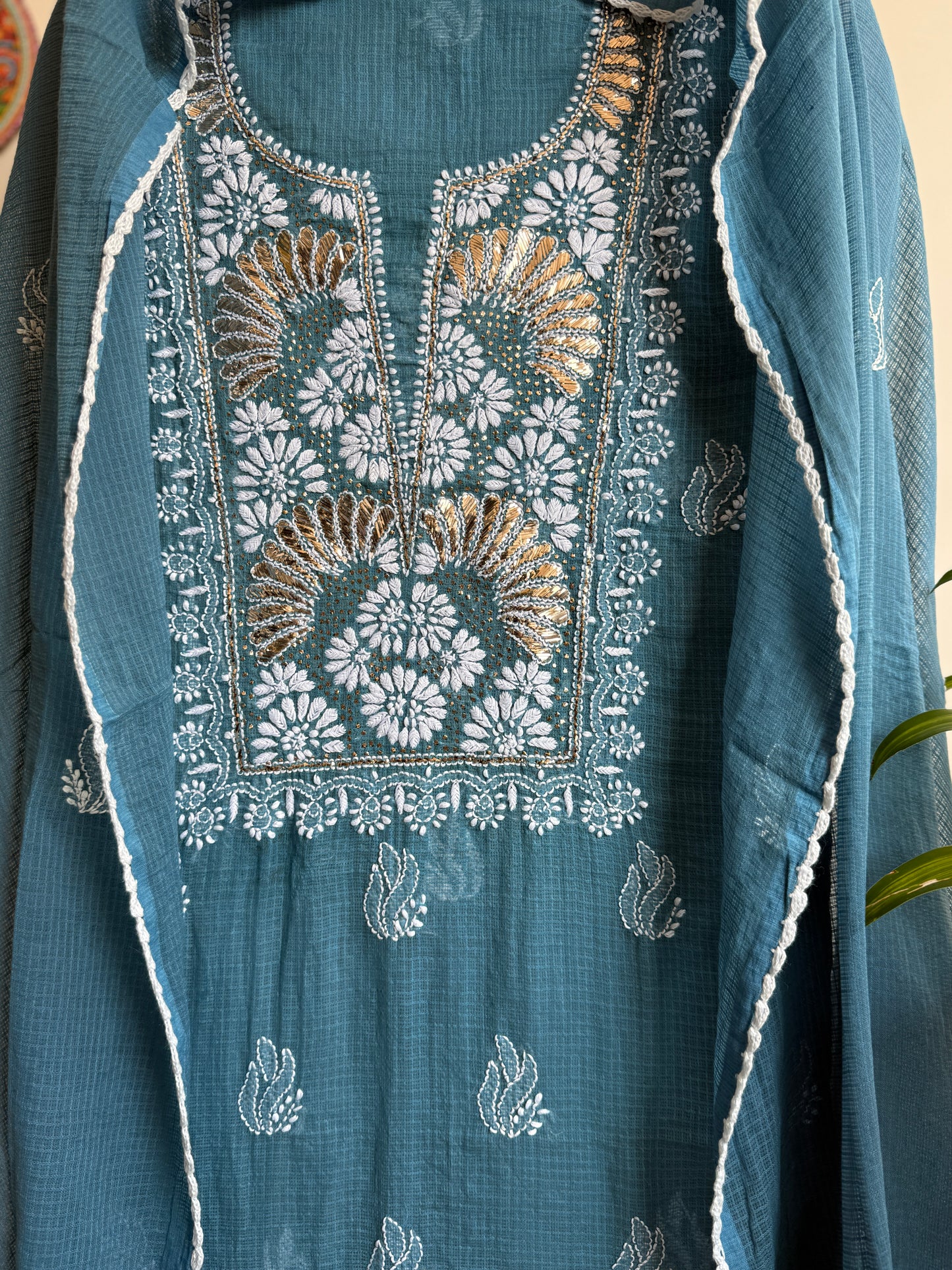 Lucknowi Chikankari Kota Doria Suit Set with Mukaish Work