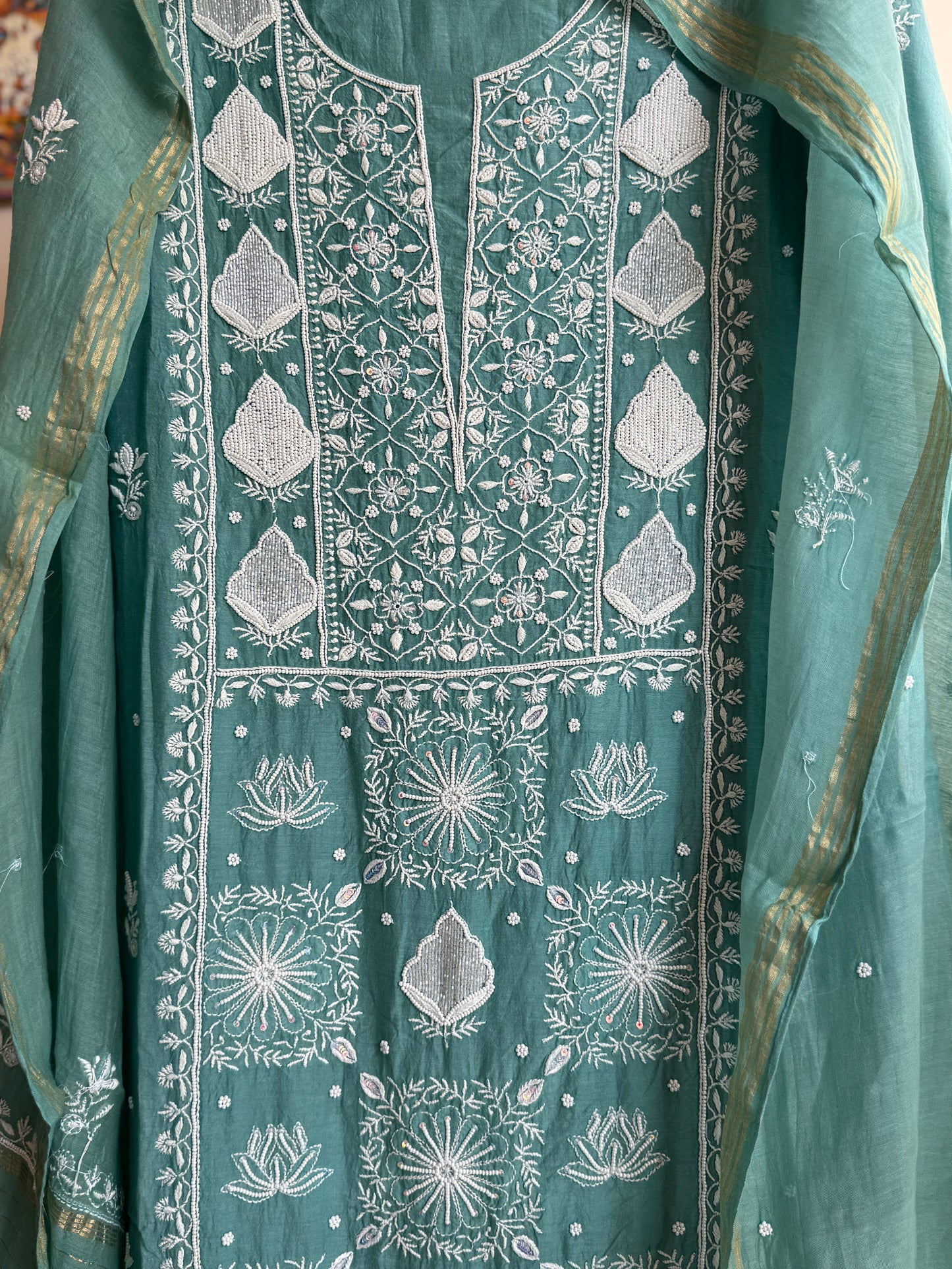 Buy Lucknowi Chikankari Suit Set with Thread Work and full panel work in Mul Chanderi add on Pearl Work and Cut Dana