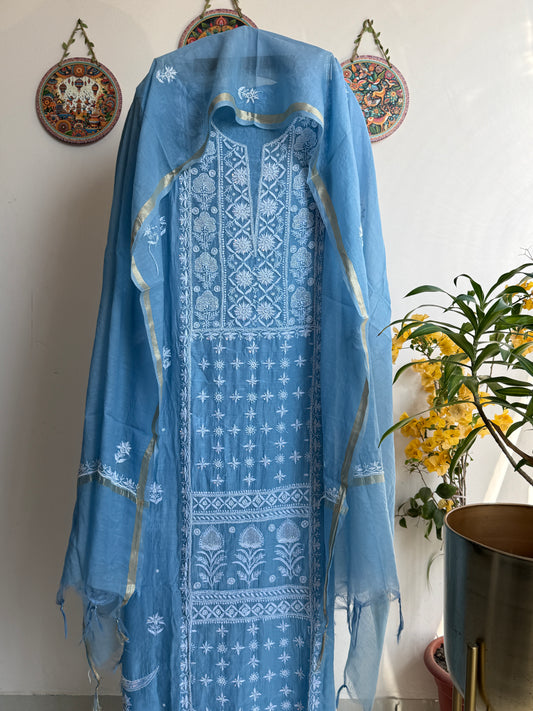 Buy Lucknowi Chikankari Suit Set with Thread Work and full panel work in Mul Chanderi add on Pearl Work and Cut Dana