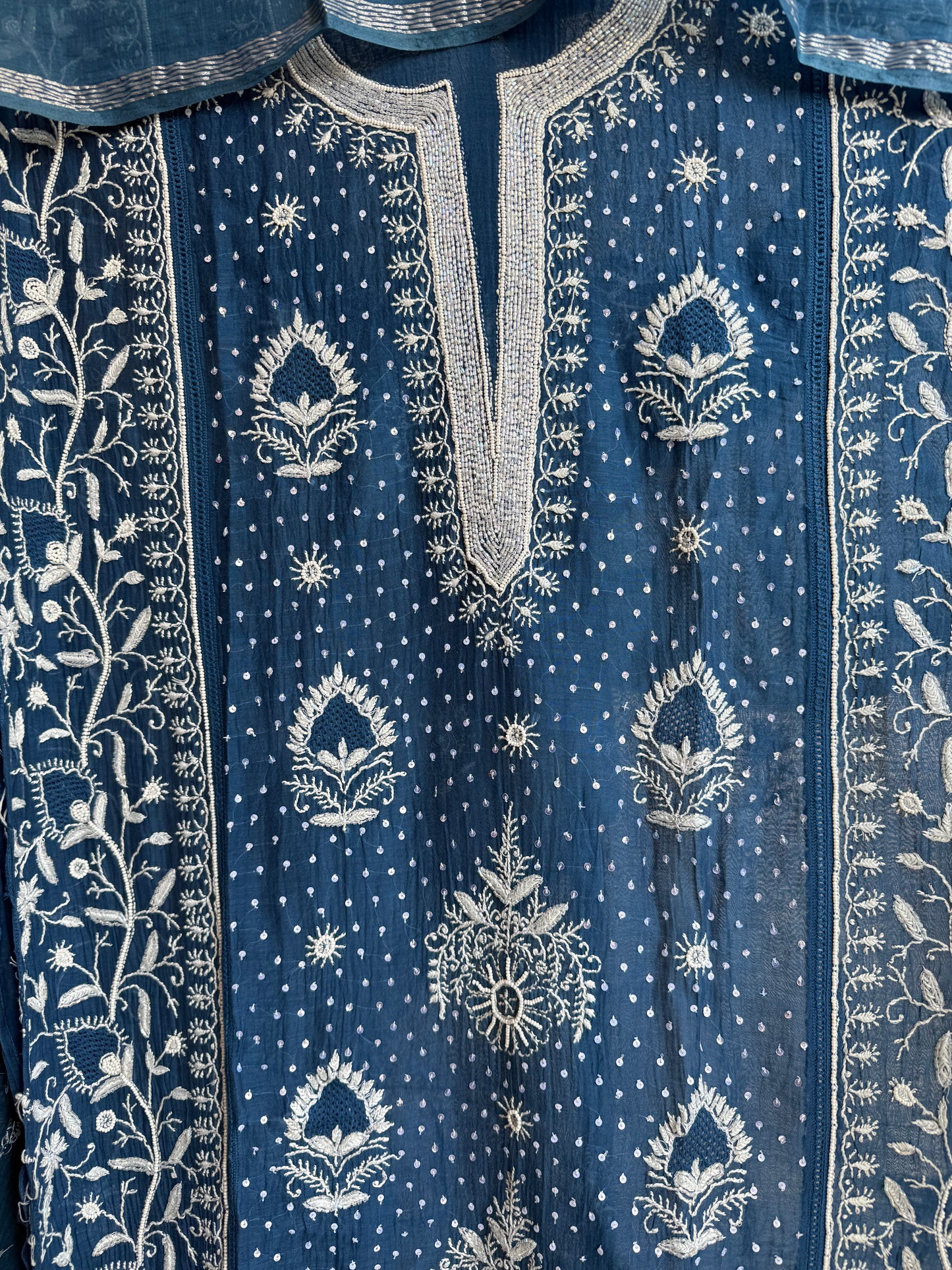 Buy Lucknowi Chikankari Suit Set with Thread Work and full panel work in Mul Chanderi add on Beads i.e. Pearl Work and Cut Dana