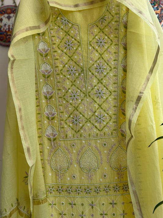 Lucknowi Chikankari Thread Work and full panel work in Mul Chanderi add on Pearl Work and Cut Dana (Colorfull Embroidery)