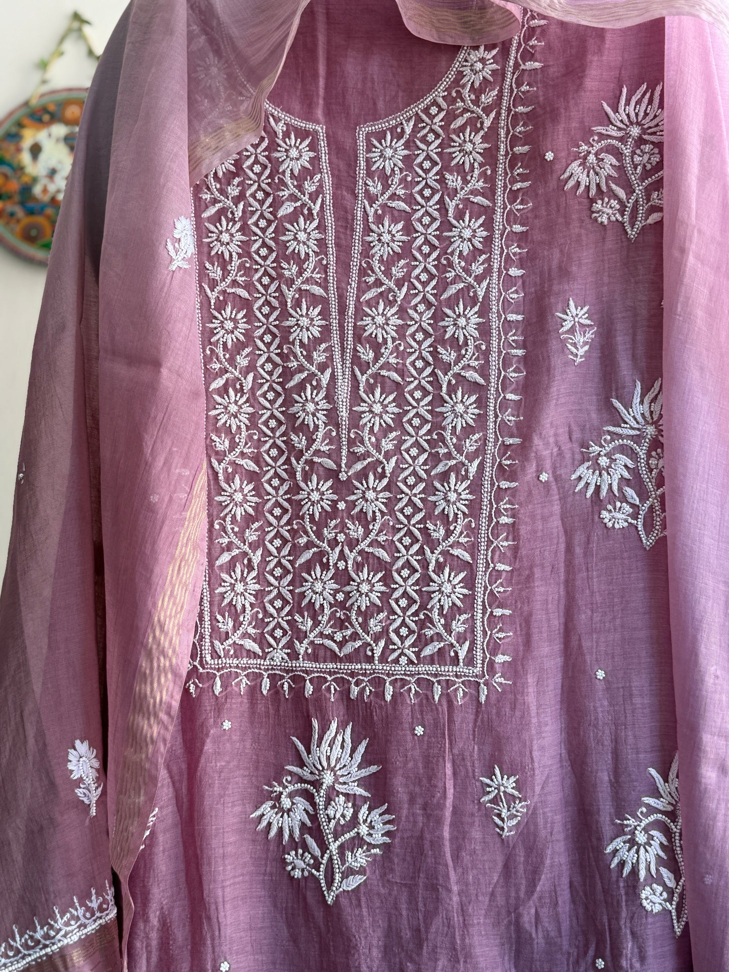 Lucknowi Chikankari Thread Work and Boota work in Mul Chanderi add on Pearl Work, Sequin and Cut Dana
