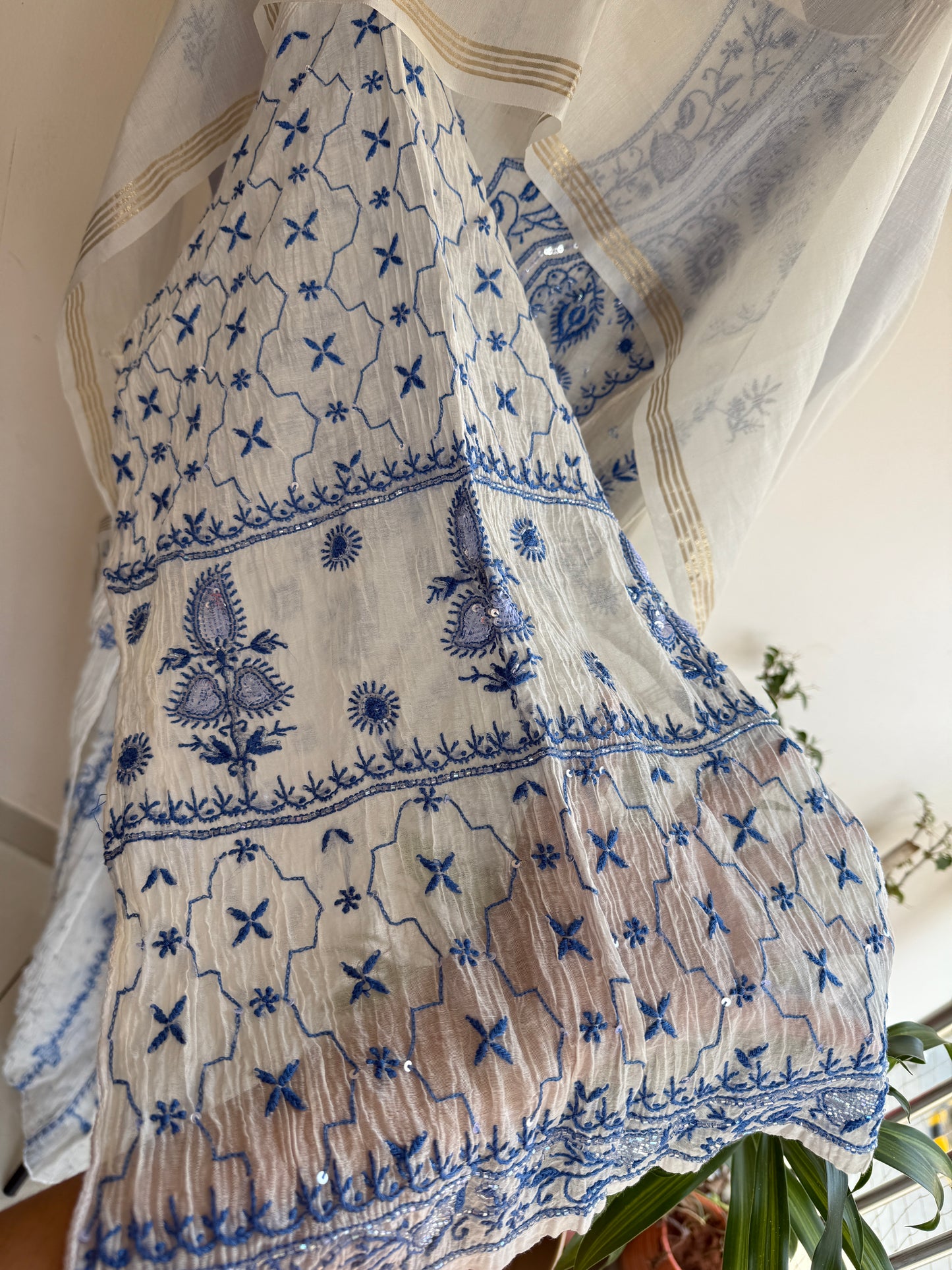 Pure Mul Chanderi Lucknowi Chikankari Anarkali Set with Dupatta | Hand Embroidered Bel & Jaal Work