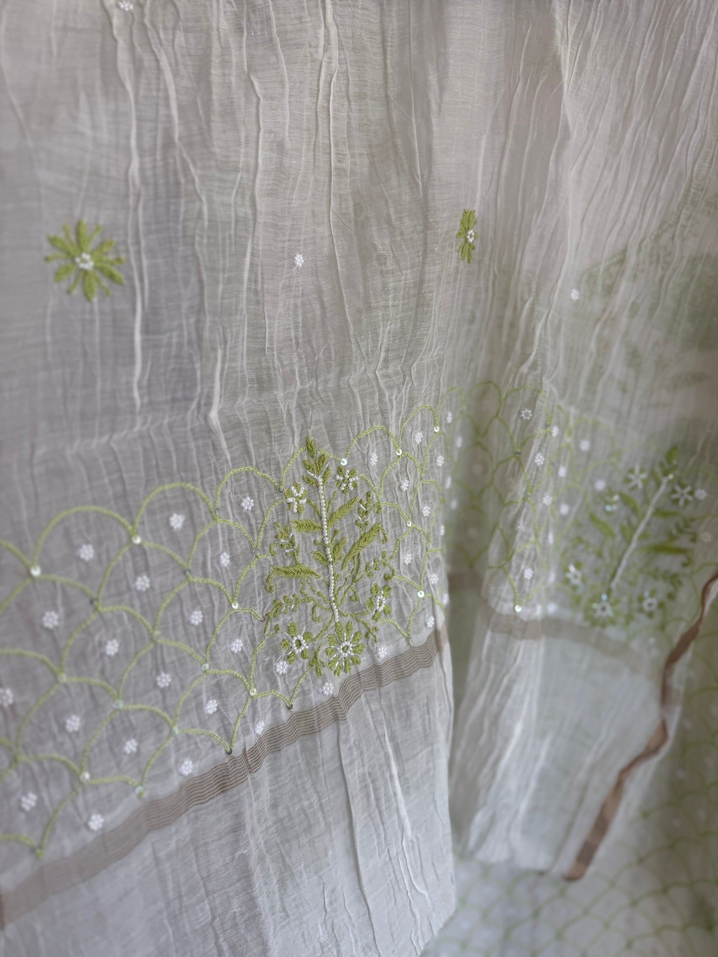 Pure Mul Chanderi Lucknowi Chikankari Anarkali Set with Dupatta | Bel & Jaal Hand Embroidery