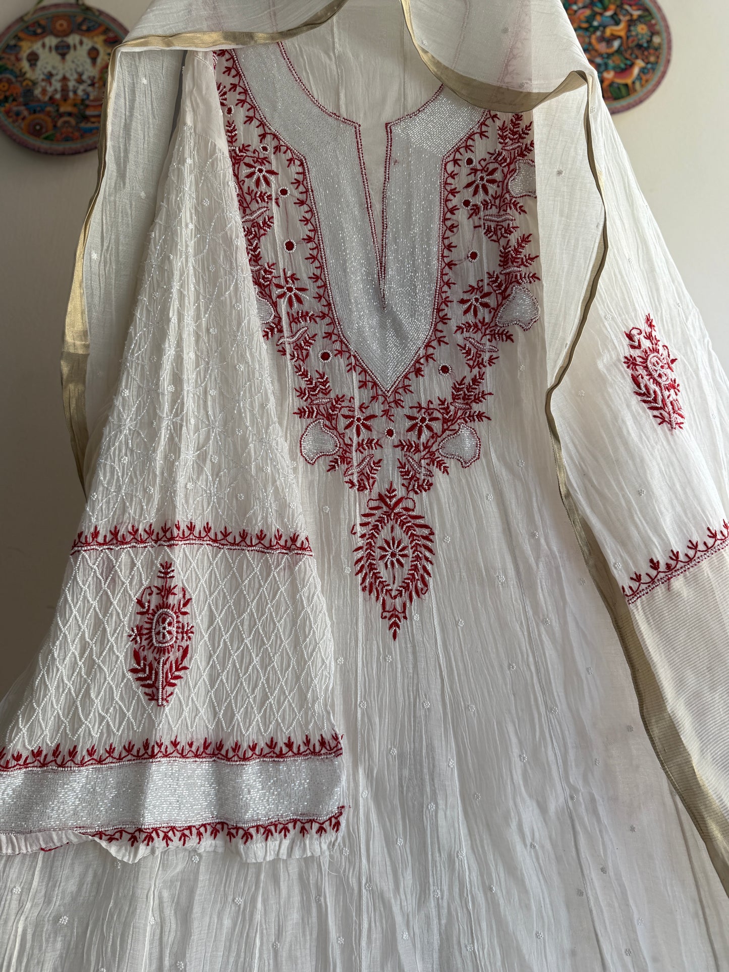 Pure Mul Chanderi Lucknowi Chikankari Anarkali Set with Dupatta | Vertical Bel Hand Embroidery