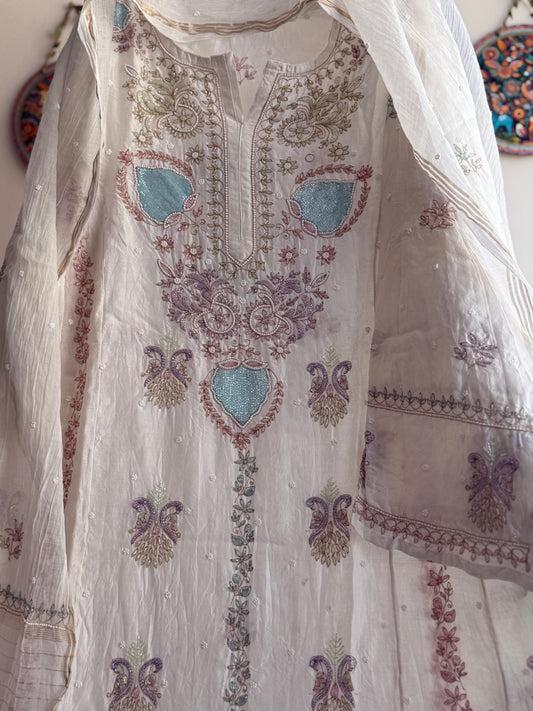 Pure Mul Chanderi Lucknowi Chikankari Anarkali Suit Set with Dupatta | Hand Embroidery with Pearl & Cutdana Work