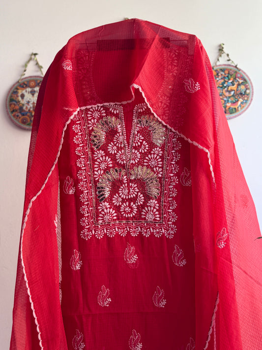 Lucknowi Chikankari Kota Doria Suit Set with Mukaish Work