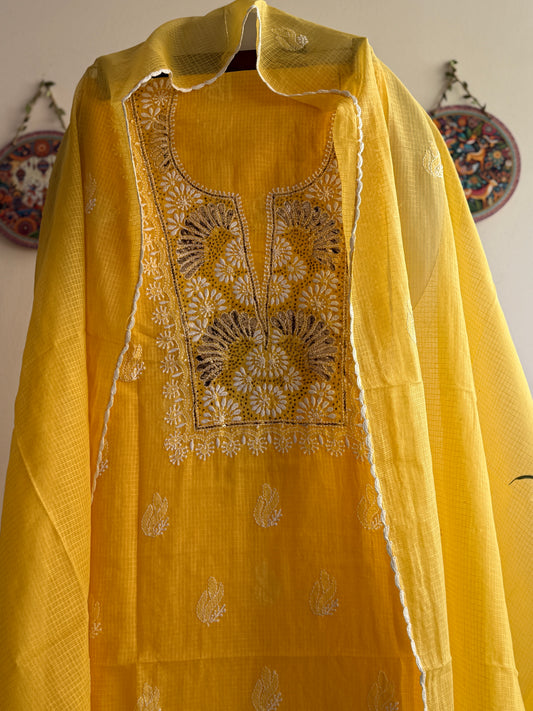 Lucknowi Chikankari Kota Doria Suit Set with Mukaish Work