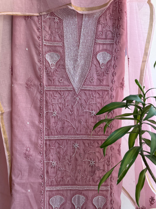 Buy Lucknowi Chikankari Suit Set with Thread Work and full panel work in Mul Chanderi add on Pearl Work and Cut Dana