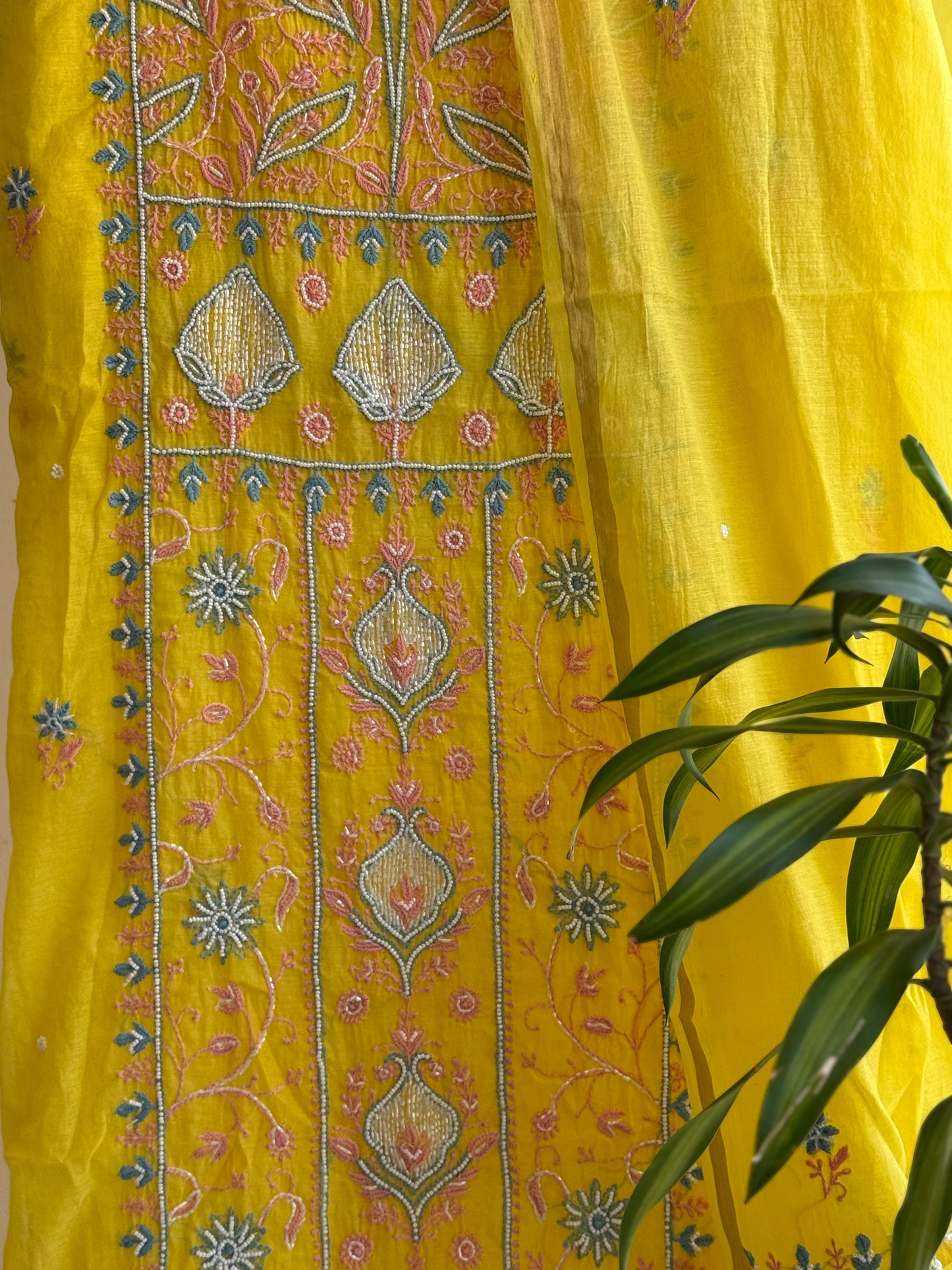 Lucknowi Chikankari Thread Work and full panel work in Mul Chanderi add on Pearl Work and Cut Dana (Colorfull Embroidery)