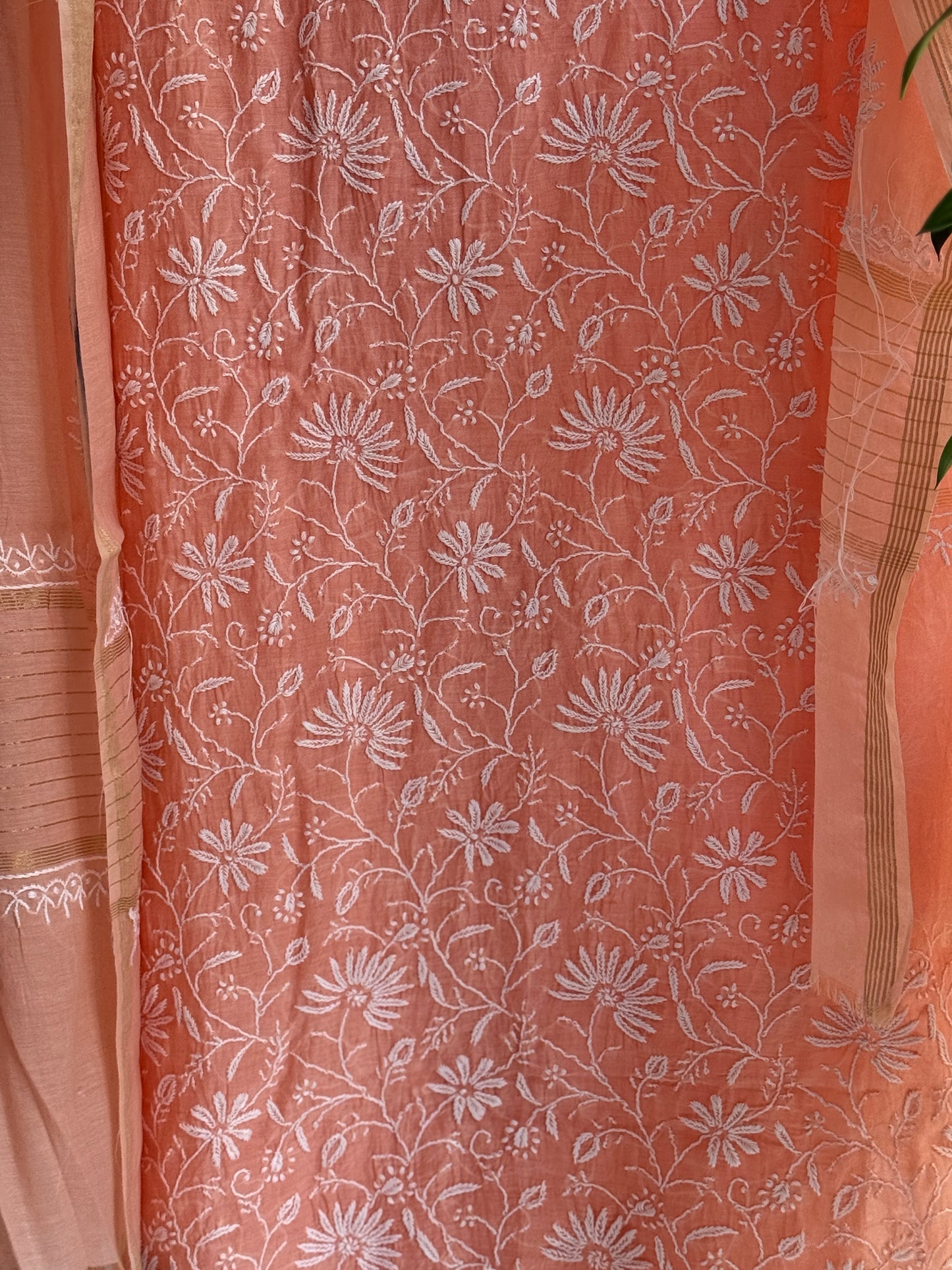 Lucknowi Chikankari Thread Work in Mul Chanderi with Highlight of Jaali Ka Kaam