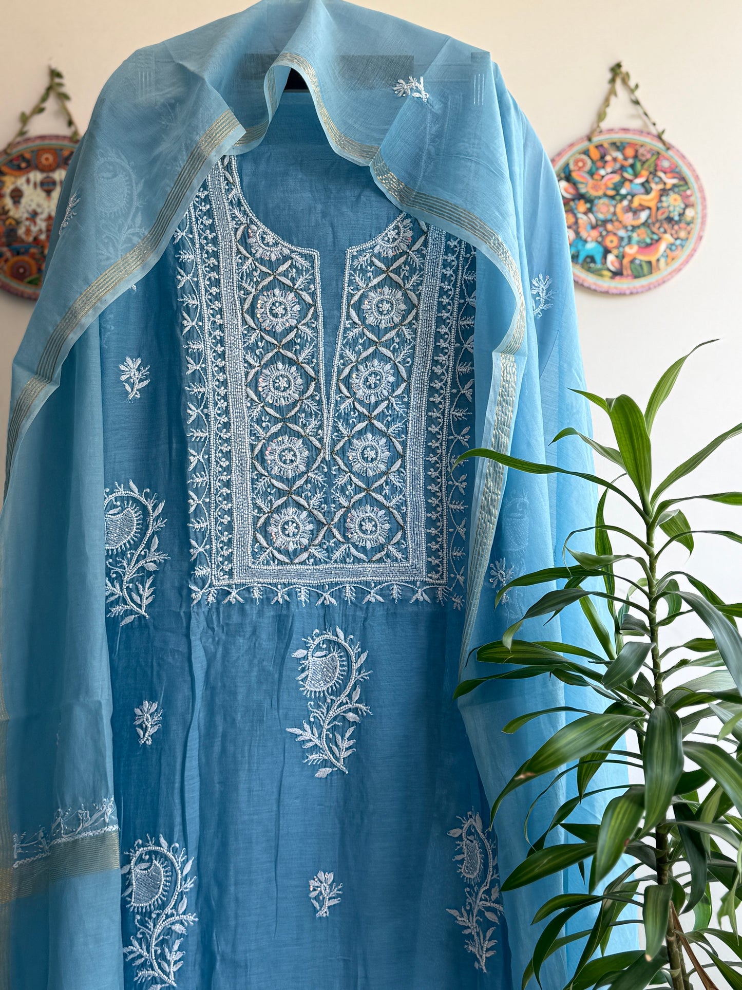 Lucknowi Chikankari Thread Work and Boota work in Mul Chanderi add on Pearl Work, Sequin and Cut Dana