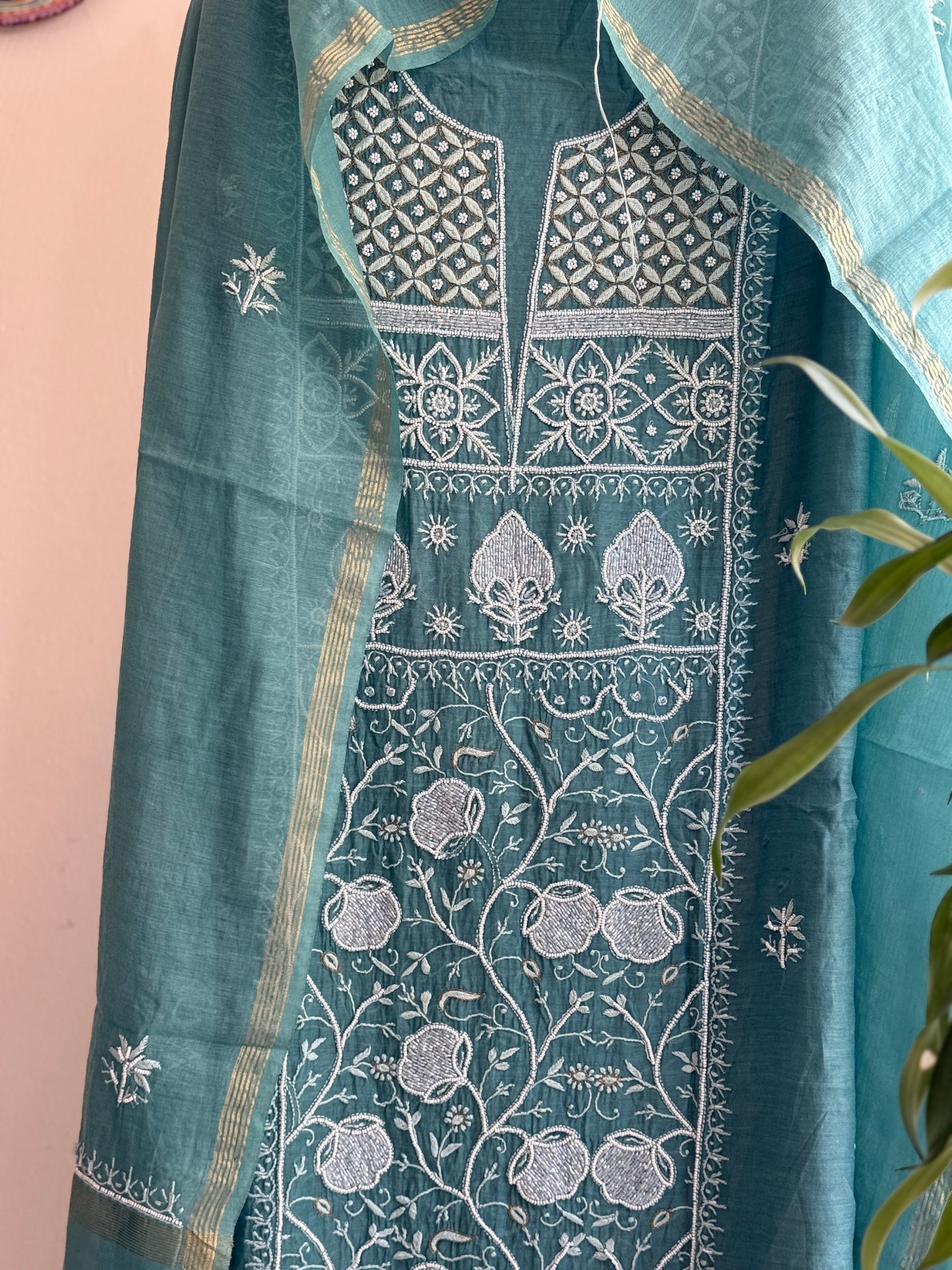 Buy Lucknowi Chikankari Suit Set with Thread Work and full panel work in Mul Chanderi add on Pearl Work and Cut Dana