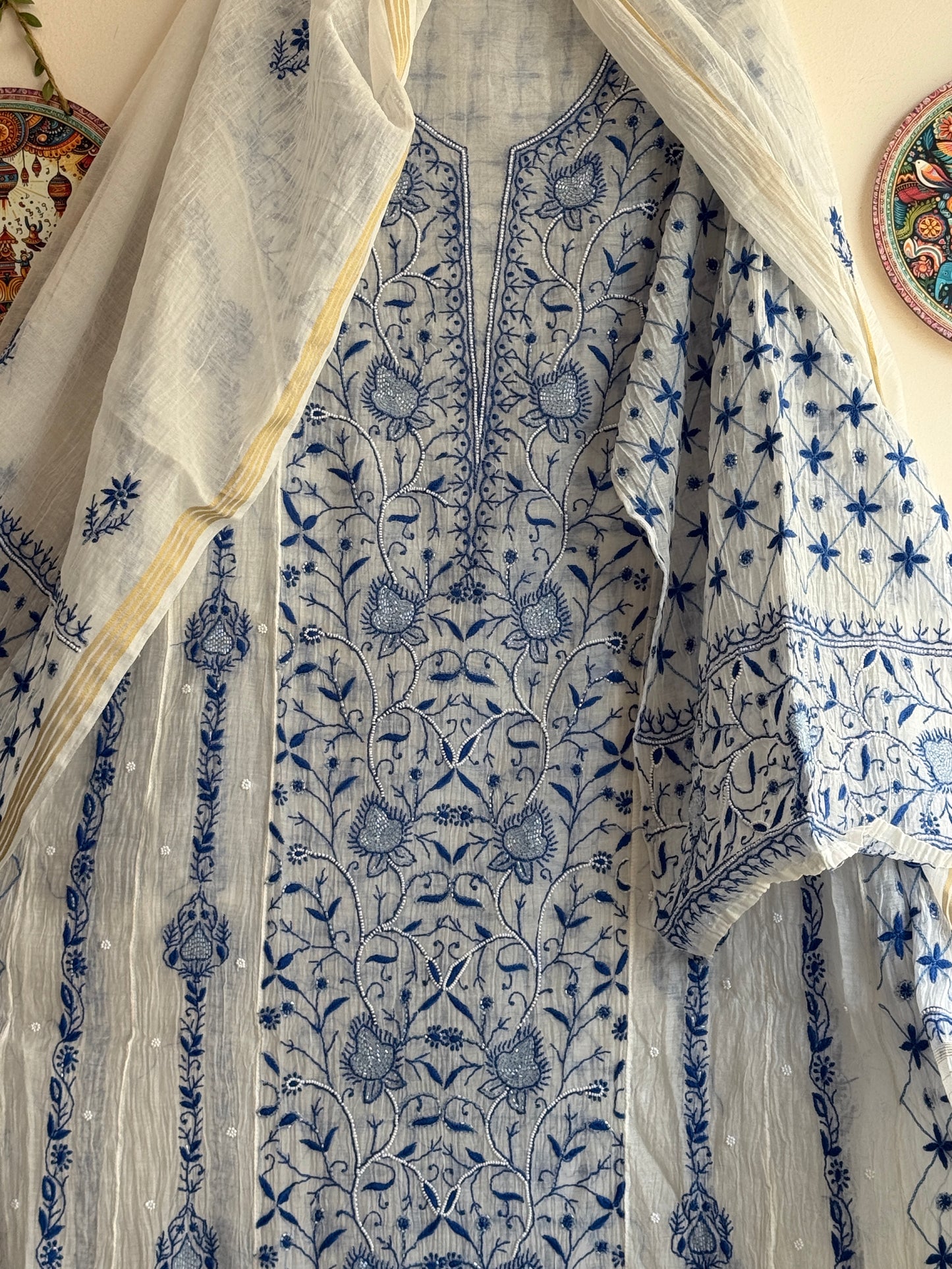 Mul Chanderi Lucknowi Chikankari Anarkali Set with Dupatta – Cream Base and Blue Embroidery | Vastrasar