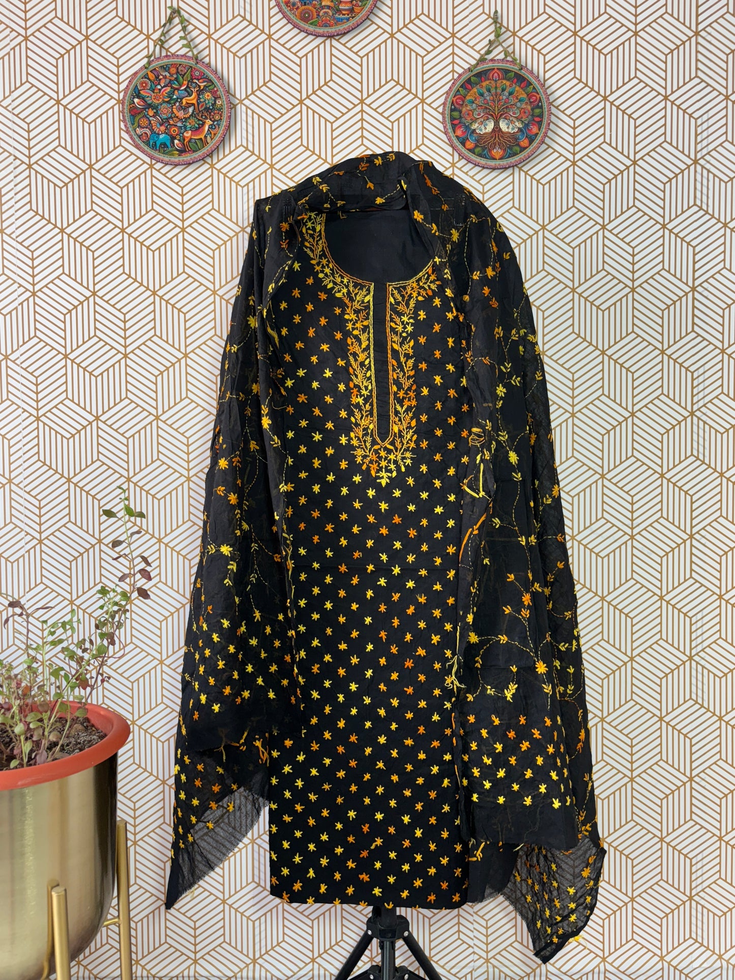 Kantha hand embroidered Suit Set Pure Cotton- Star Pattern with Black Base