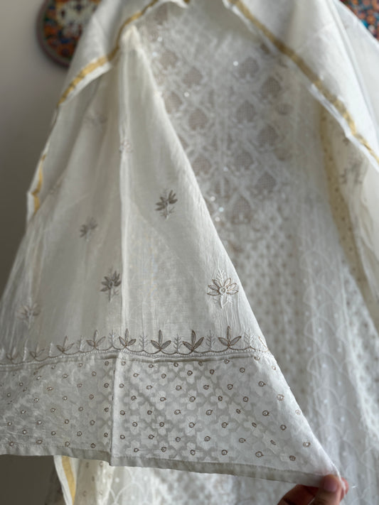 Close-up of Lucknowi Chikankari hand embroidery on Mul Chanderi fabric with floral motifs and fine border detailing