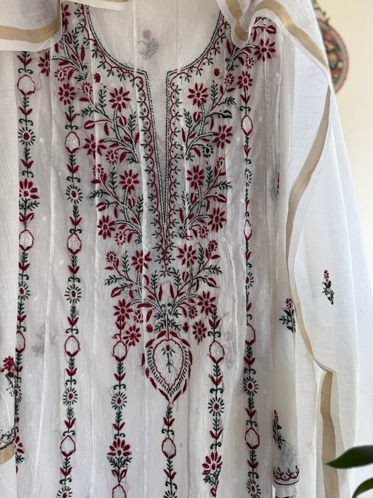 Lucknowi Chikankari Anarkali with vertical branch bel embroidery from neckline to hem on Mul Chanderi fabric