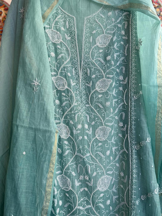 Close-up of authentic hand embroidered Chikankari on Pure Mul Chanderi fabric
