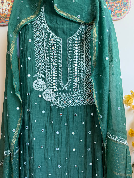 Pure Mul Chanderi Lucknowi Chikankari Mirror Work Suit set in Bottle Green Color hand embroidery and dupatta