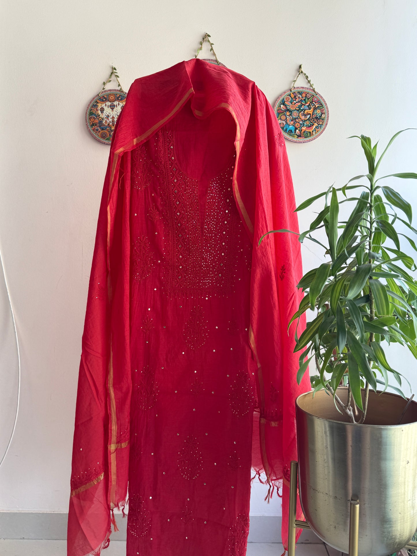 Lucknowi Chikankari Thread Work in Mul Chanderi with add on Mukaish Work Dana