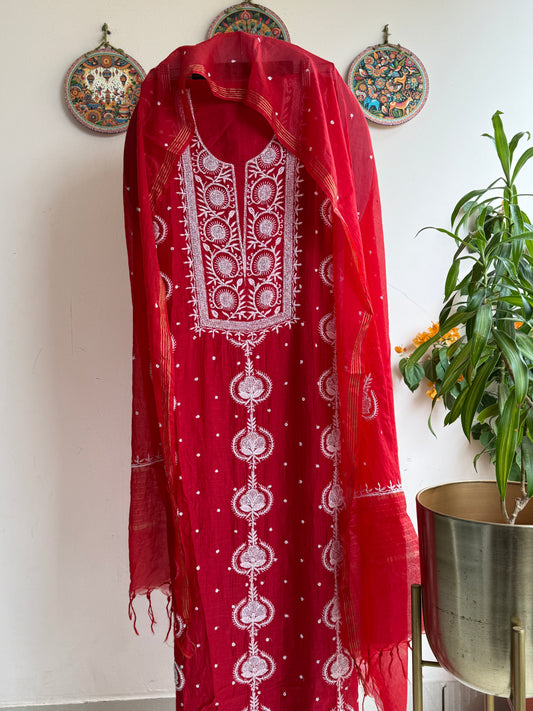 Chikankari suit set Mul Chanderi dupatta and panel detail
