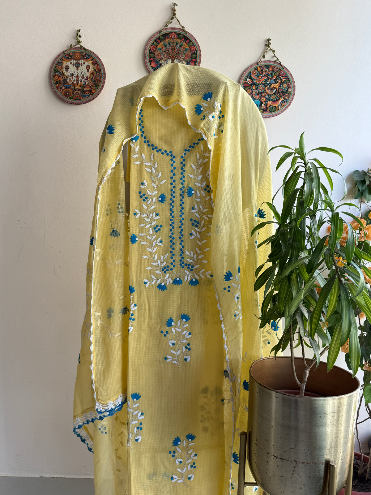 Aligarh Handcrafted Phoolpatti Applique Suit Set – Multicolor on Colored Base
