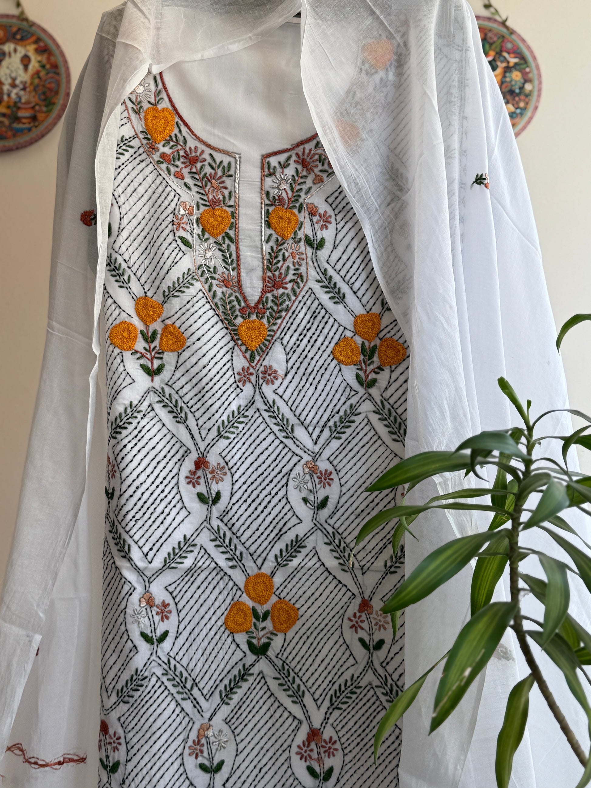 Article No. 1 Handcrafted pure cotton suit set with Phulkari concept embroidery, Parsi work, Kantha and knot detailing with embroidered dupatta