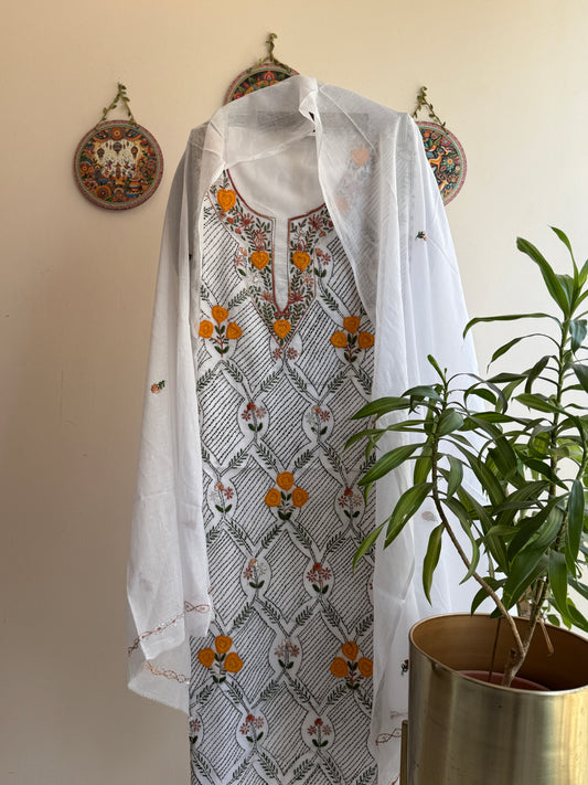 Article No. 1 Handcrafted pure cotton suit set with Phulkari concept embroidery, Parsi work, Kantha and knot detailing with embroidered dupatta