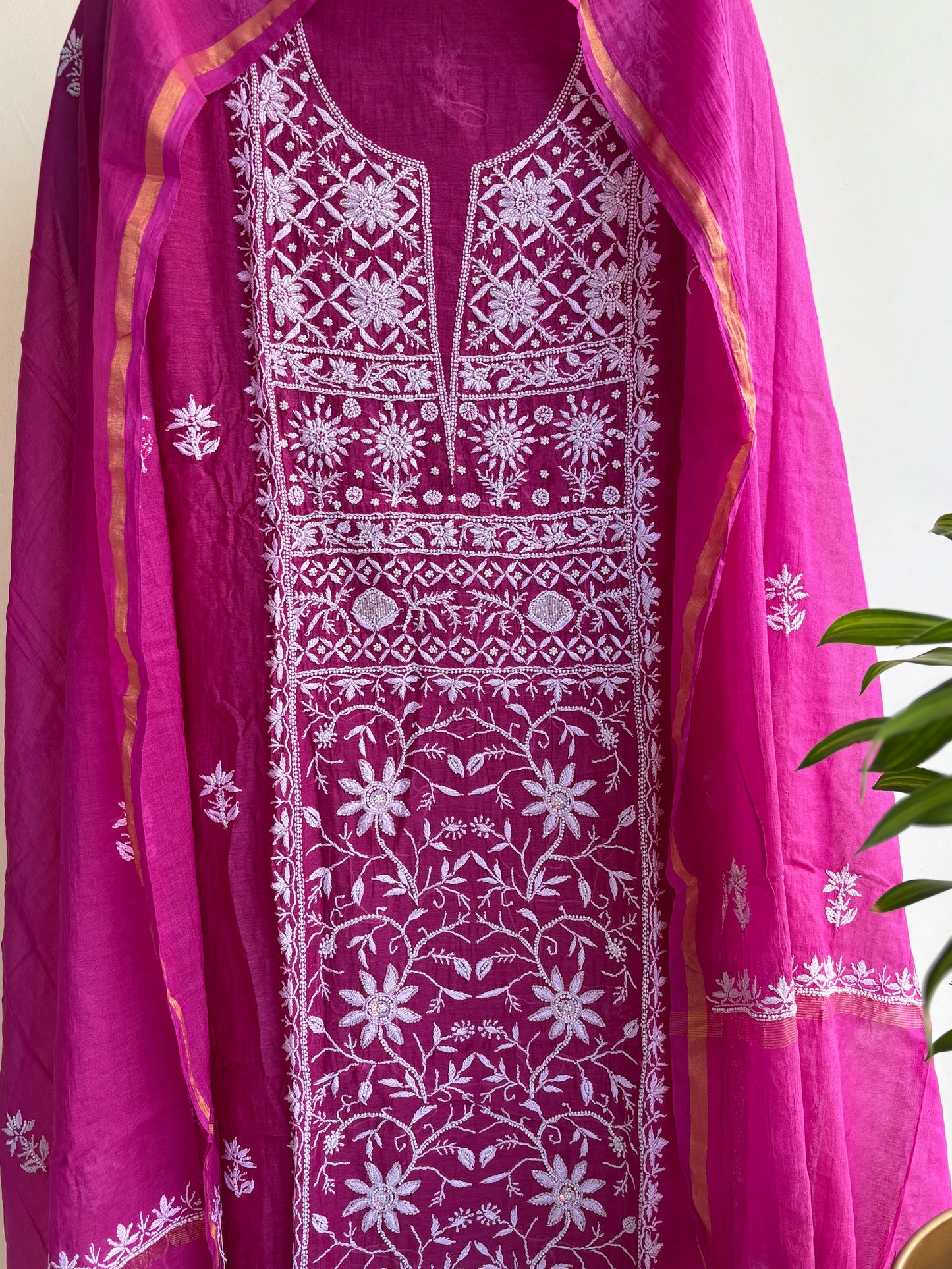 Lucknowi Chikankari Thread Work and full panel work in Mul Chanderi add on Pearl Work and Cut Dana